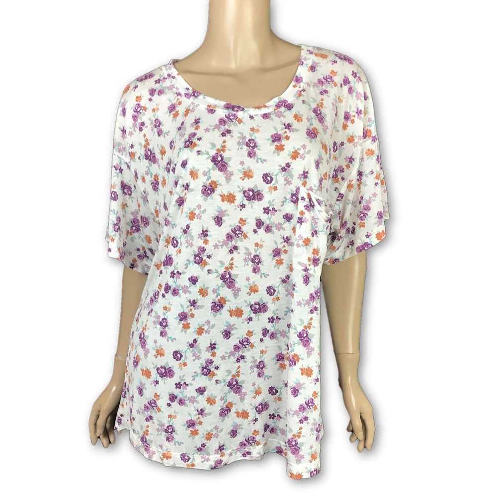 Blue Life Top Size M Scoop Neck White Multi-Color Floral Pattern Short Sleeve